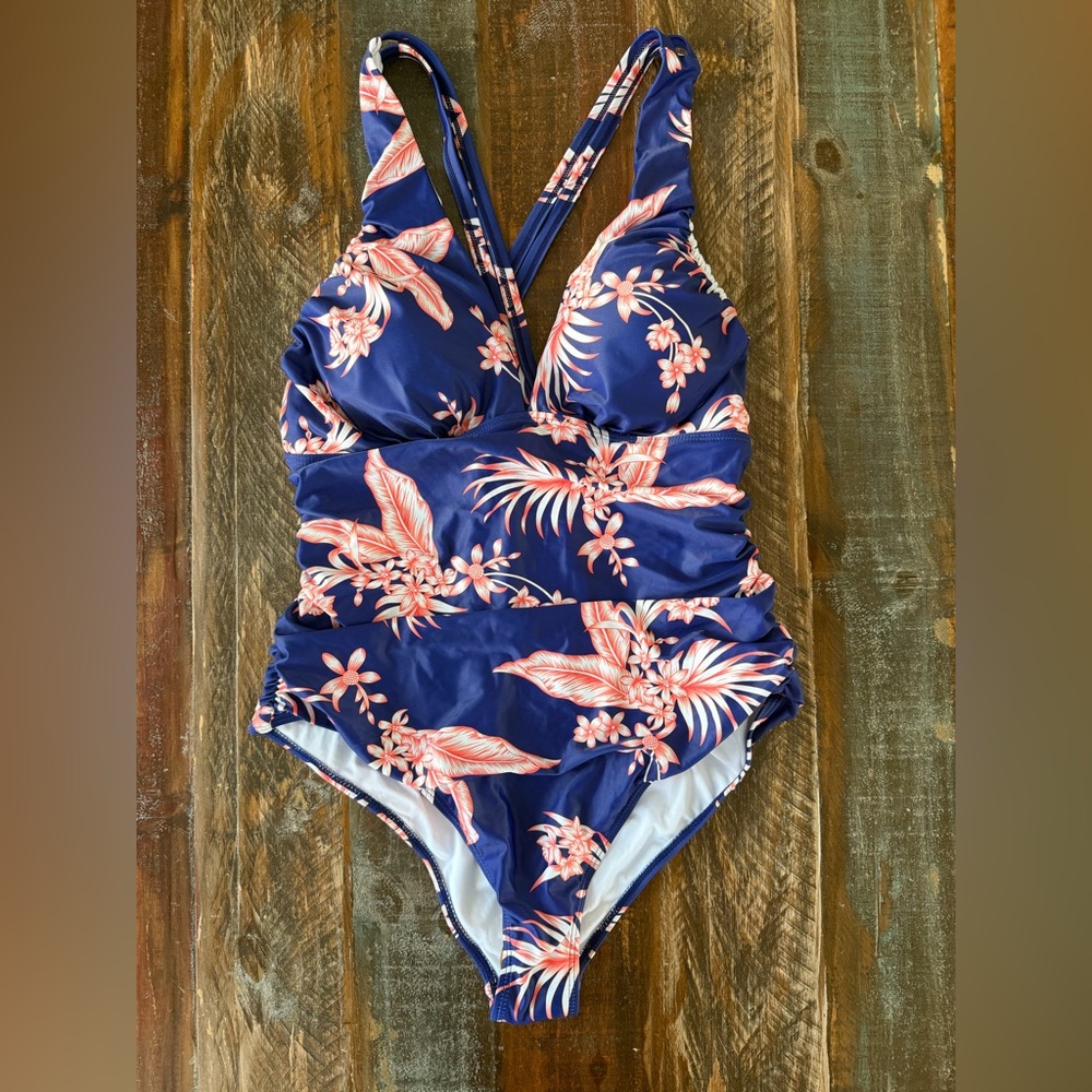 NWT YOU DI AN Women’s XL Navy Floral Print Shirred One Piece Swimsuit | SKU 0318